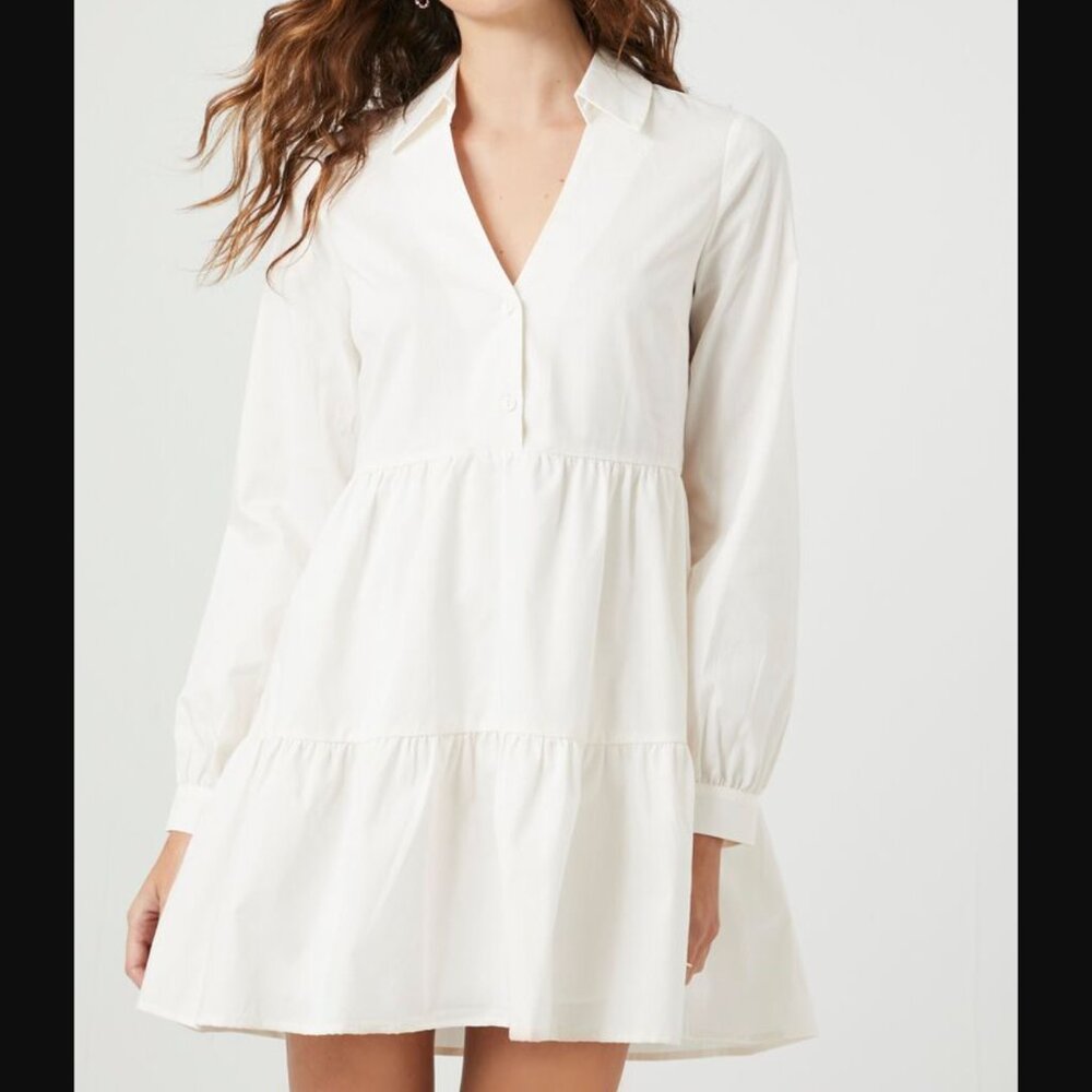 Forever 21 Small White Poplin Tiered Mini Shirt Dress NWT